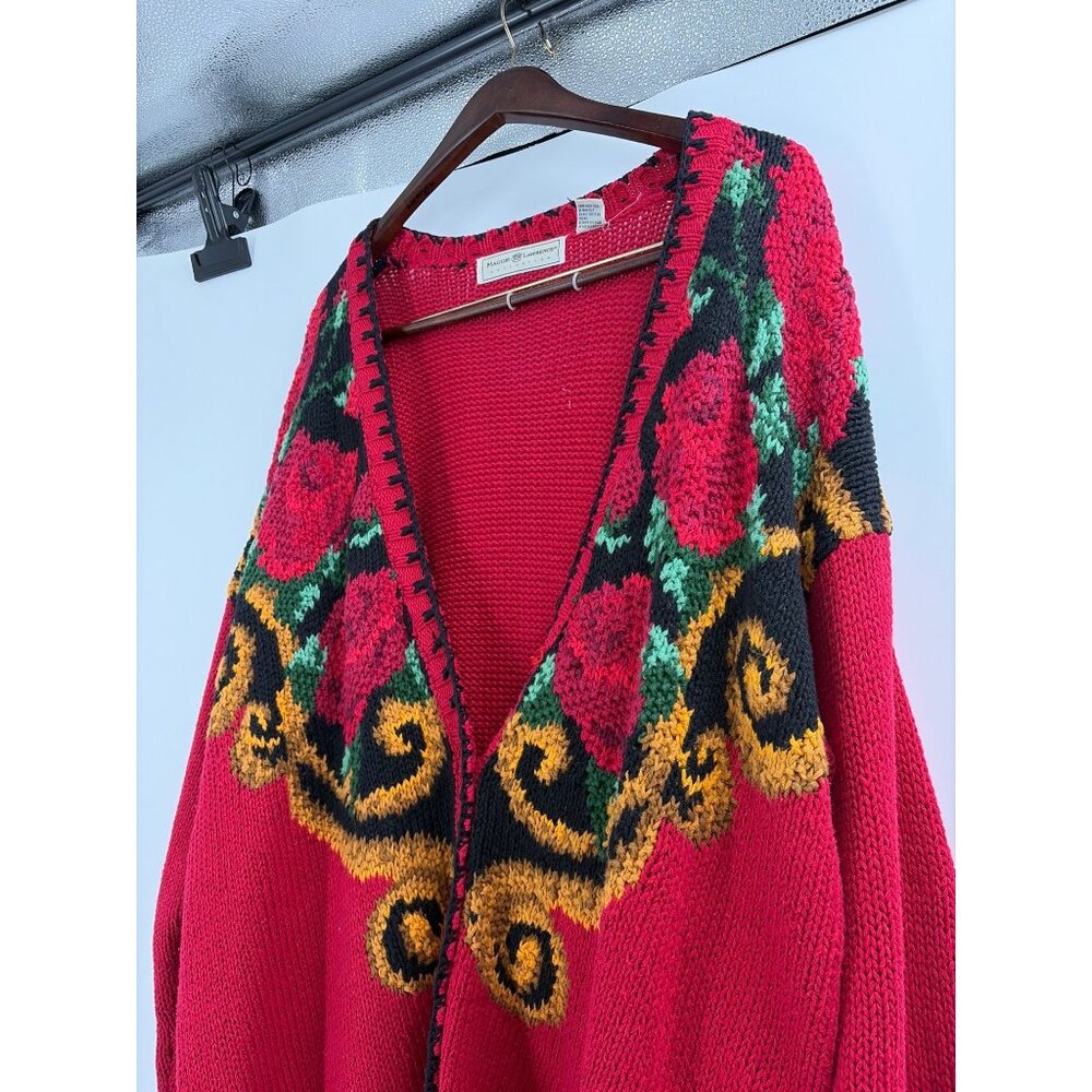 Vintage 1980s Maggie Lawrence Womens 18/20 Floral Knit Cardigan Sweater Red Boho - Picture 8 of 8